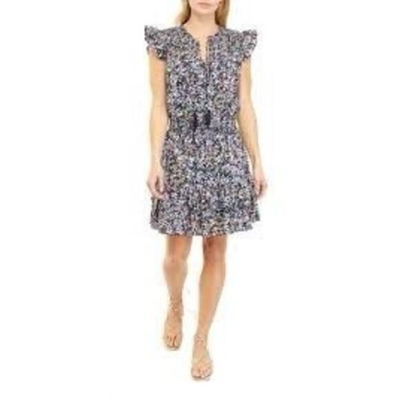 Crown & Ivy Women's XXL Ruffled Sleave Tiered Mini Dress Navy Microfloral Spring - Picture 1 of 14